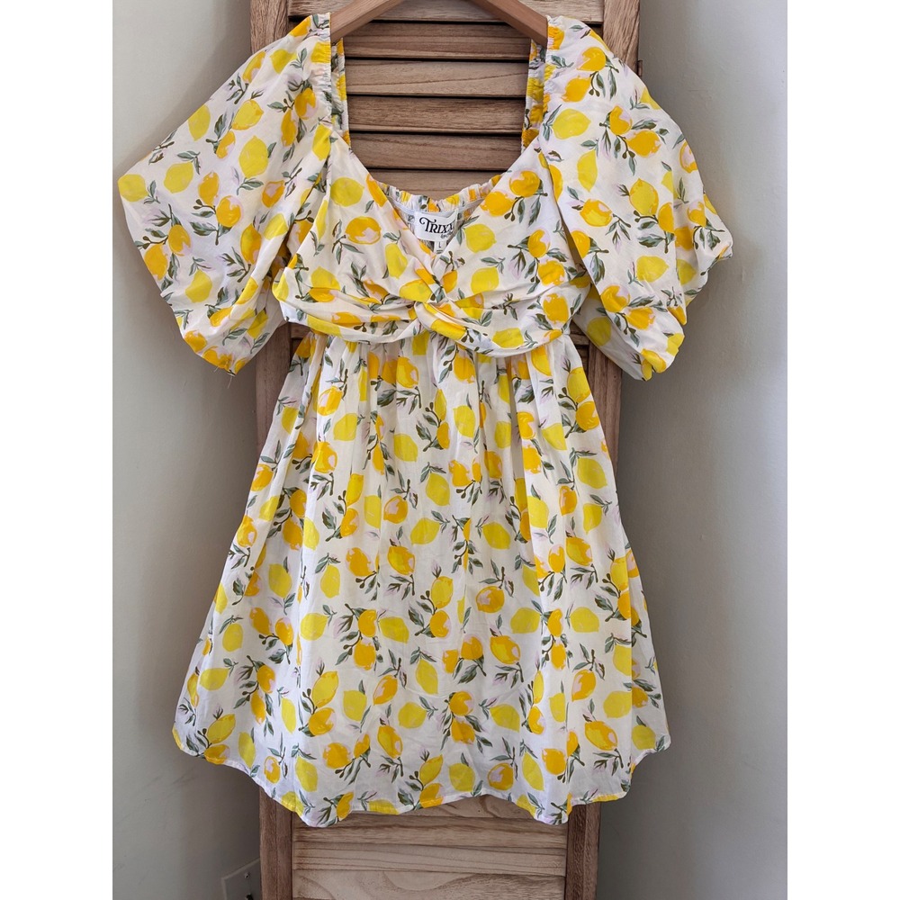 Trixxi Los Angeles Lemon Print Puff Sleeve Mini Dress Yellow White Large NWT